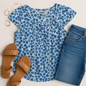 Old Navy | Pintuck Floral Size S Blue White Button Front Casual